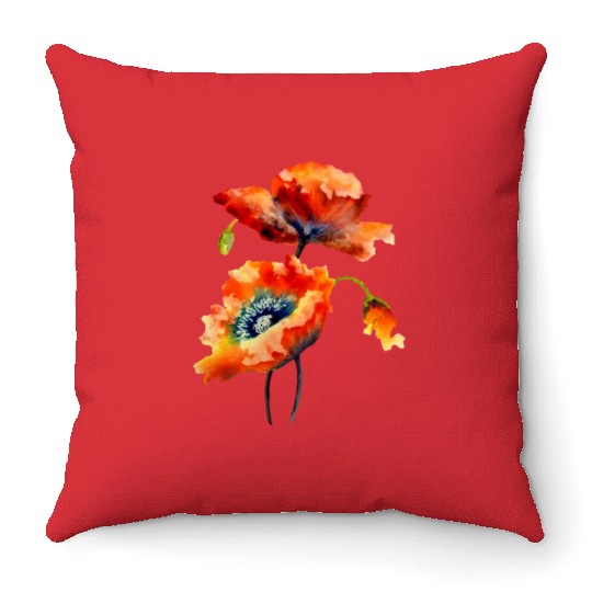 RED POPPIES Throw Pillows, WATERCOLOR RED POPPIES TOP