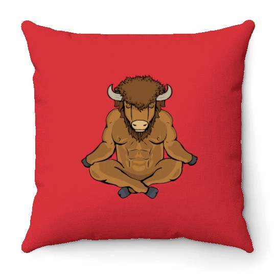 Meditating Buffalo Yoga Lover Men Bison Gift Throw Pillows