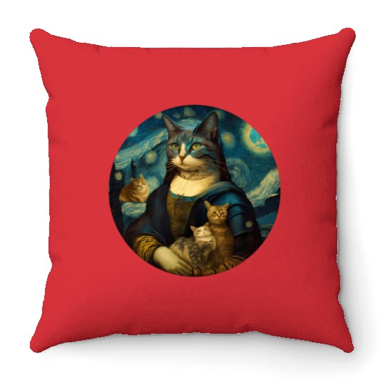 Mona Lisa With Cats Starry Night Van Gogh Painting Throw Pillows