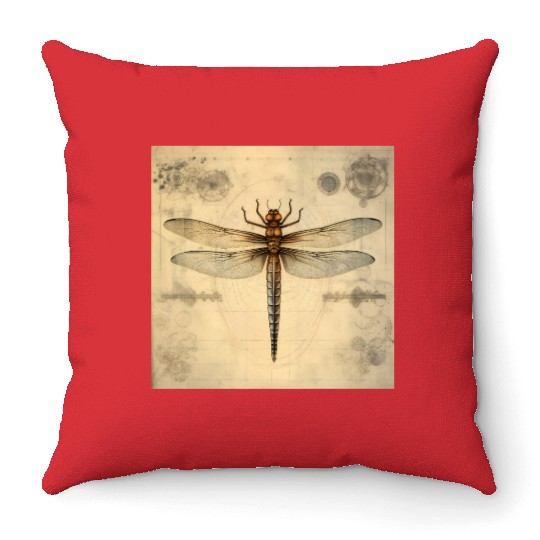 A diagrammatic drawing of a dragonfly Throw Pillows
