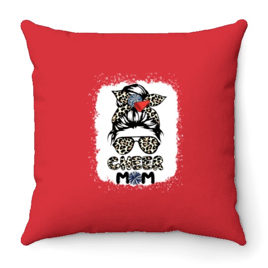 Cheer Mom Leopard Messy Bun Cheerleader Bleached M Throw Pillows