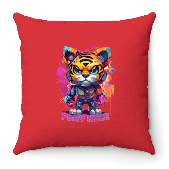 Play Nice Throw Pillows: Robot Tiger Synthwave Graffiti Kids