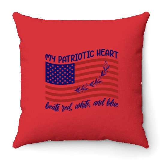 My patriotic heart beats red white and blue Throw Pillows