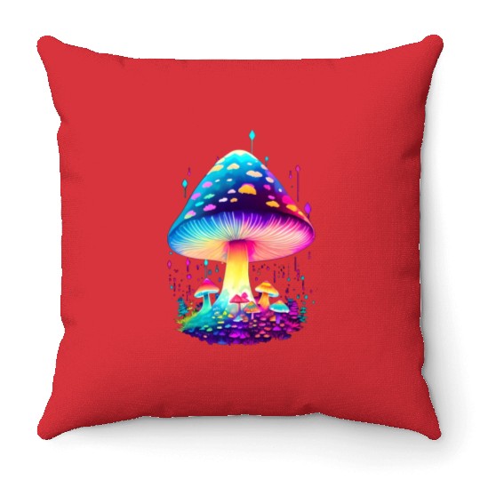 Enchanting Fungi: A Neon Wonderland Throw Pillows