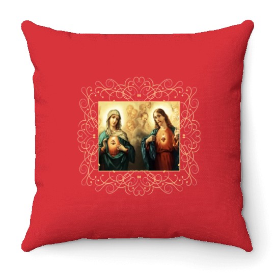 Sacred Heart and Immaculate Heart Picture Jesus an Throw Pillows