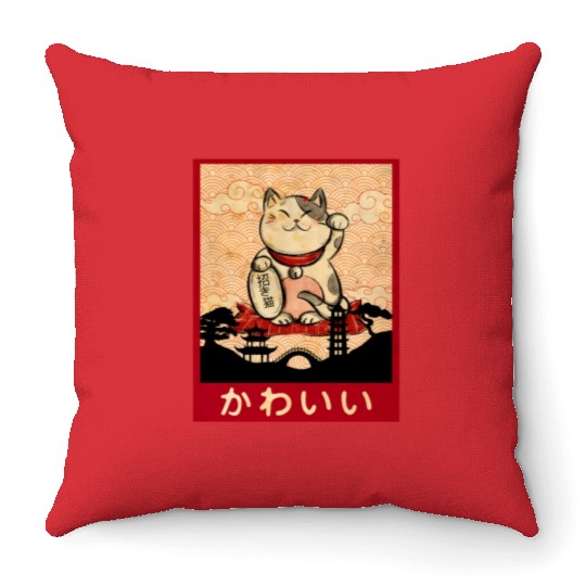Cat Ramen Bowl Anime Japanese Noodles Kawaii Neko Throw Pillows