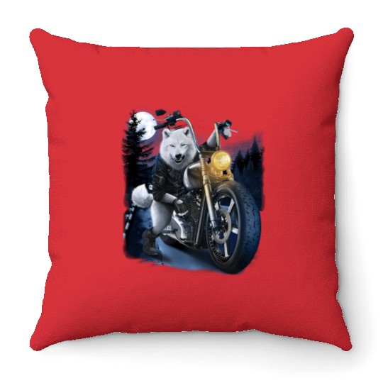 Wolf Riding Chopper Motorcycle In Full Moon Throw Pillows