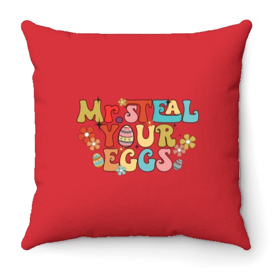 Mr Steal Your Eggs Groovy Easter Day Easter Egg Throw Pillows