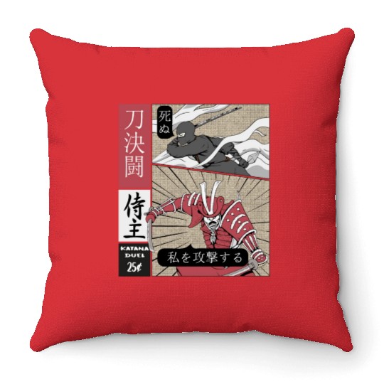 Samurai Vs shinobi Warrior Comic Strip style Throw Pillows
