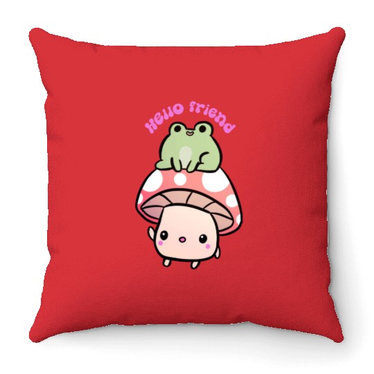 Hello Friend A Cute Mushroom And Frog Friends Throw Pillows