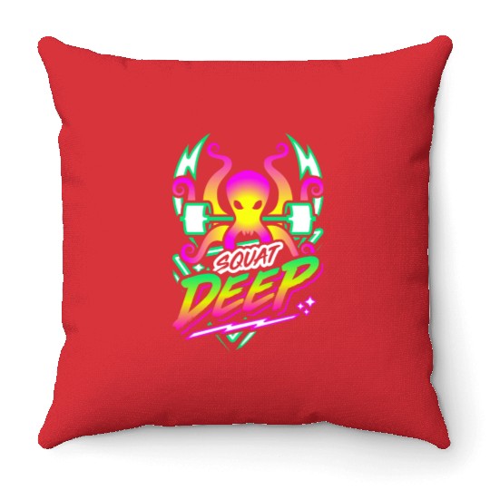 Squat Deep Kraken Retro Neon Synthwave 80s 90s Throw Pillows