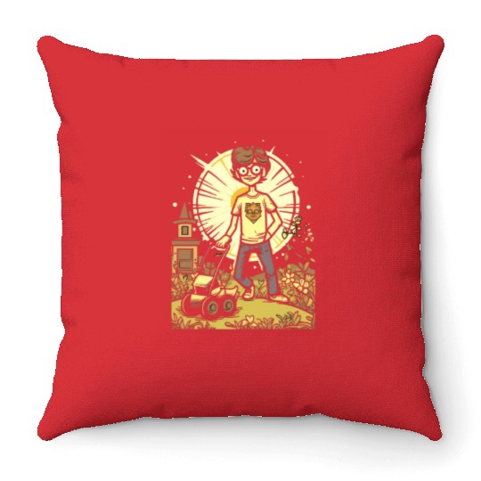 Mower Gardening Lawn Mowing Gardener Anime Kawaii Throw Pillows