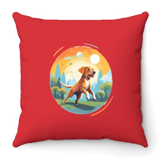 Joyful Dog in Summer Park Throw Pillows