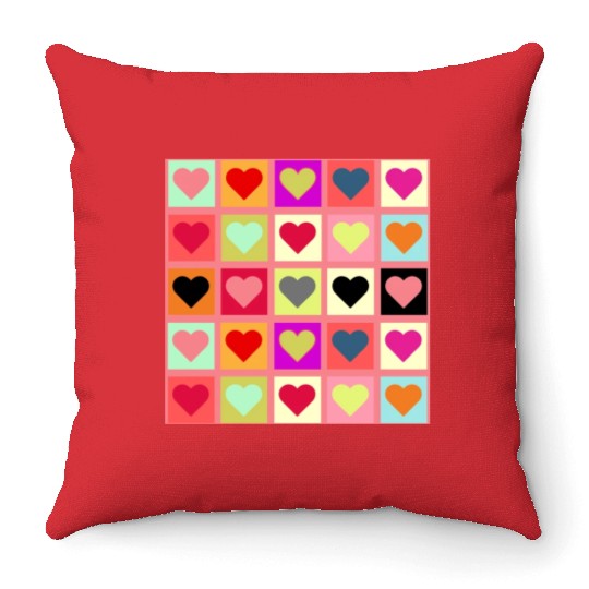 Colorful Retro Vintage Checkered Heart Y2K Pattern Throw Pillows