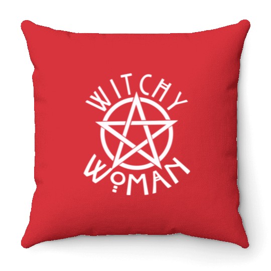 WITCHY WOMAN WITH STAR AND CIRCLE green Throw Pillows