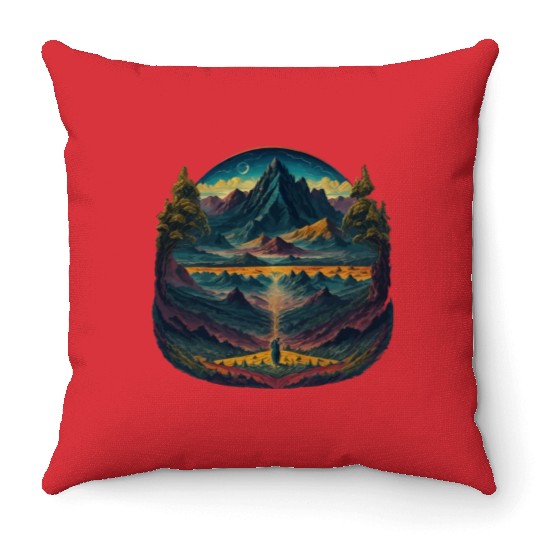 Psychedelic illustration of mountains landscape Throw Pillows