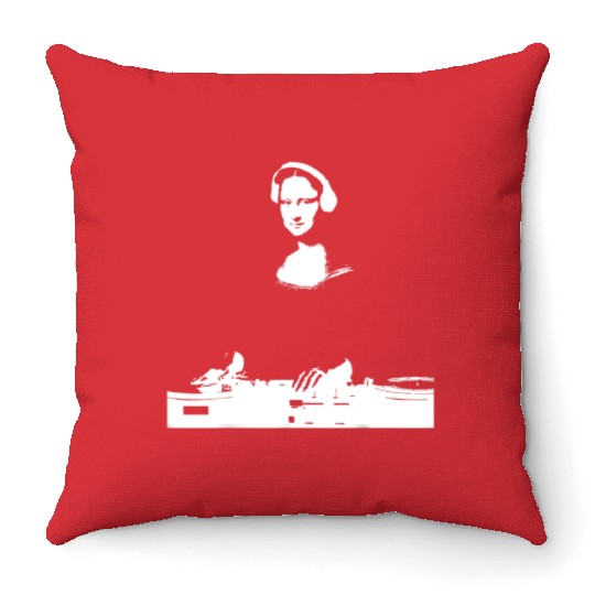 Dj Mona Lisa with Dj Headphone behind a dj table Throw Pillows