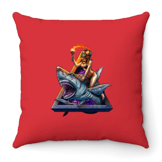 Diver girl retro and angry shark #2 Throw Pillows