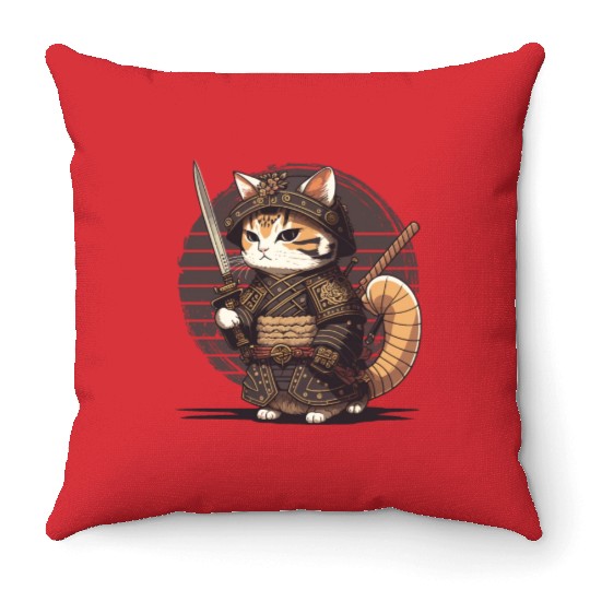 Samurai Cat Warrior Japanese Ninja Cat Kawaii Throw Pillows