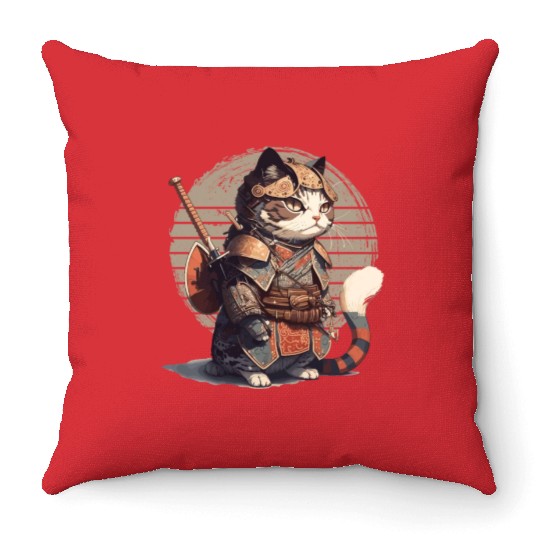 Samurai Cat Warrior Japanese Ninja Cat Kawaii Throw Pillows