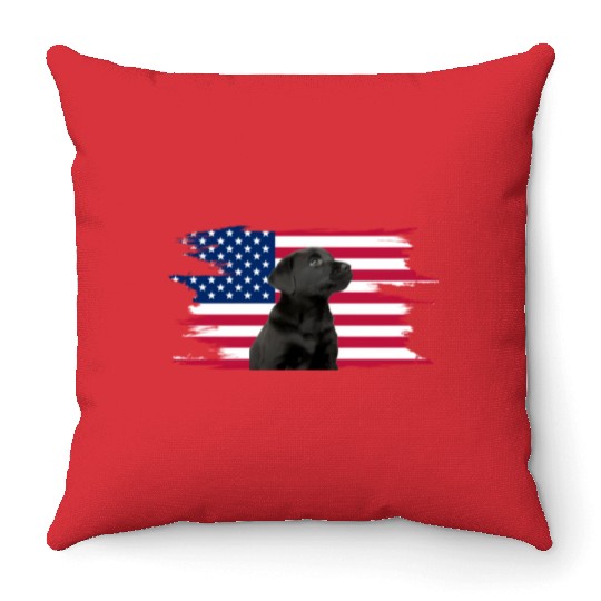 American Flag Dog Black Lab Puppy Throw Pillows