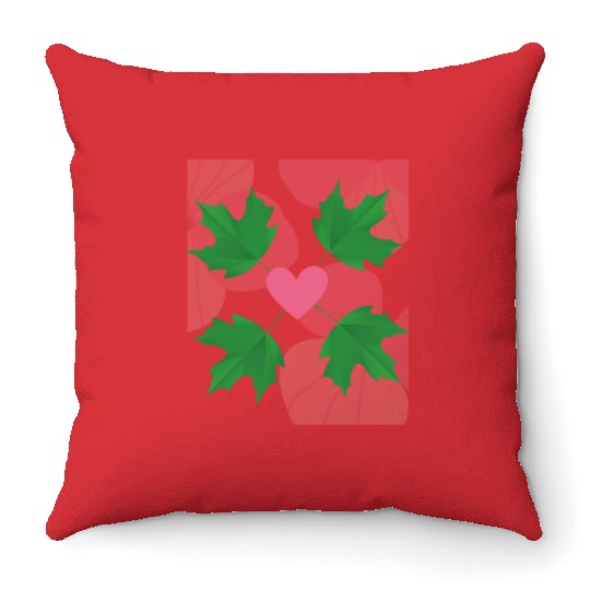 Green Leaf Pink Heart Throw Pillows