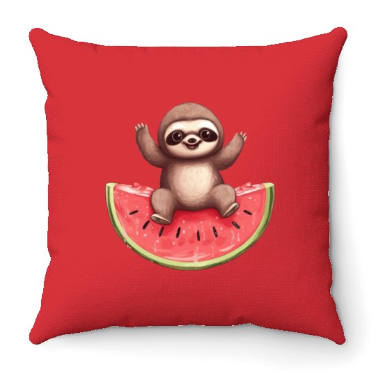 Sloth with Watermelon - Sweet Summer Design Throw Pillows