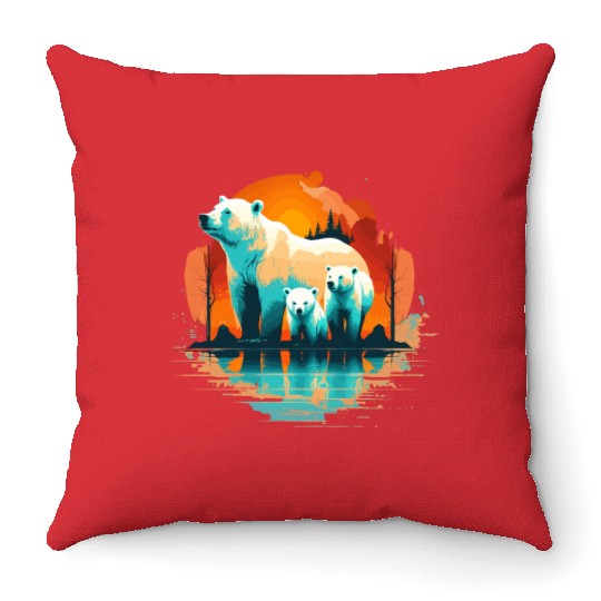 Polar Bear with cubs, Snow Spectrum Throw Pillows