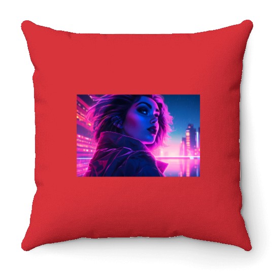 Synthwave Girl - Futuristic Design neon colors Throw Pillows