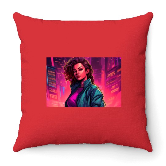 Girl in front of a Neon Pink Cityscape Throw Pillows
