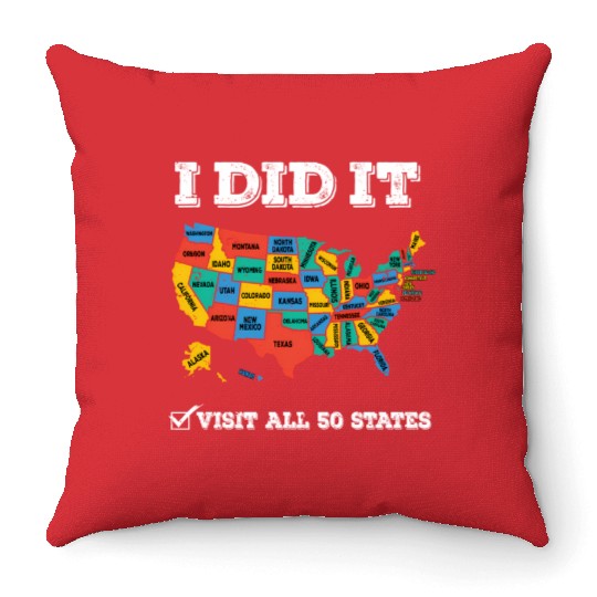 Visited All 50 States Usa Map For Travel Throw Pillows