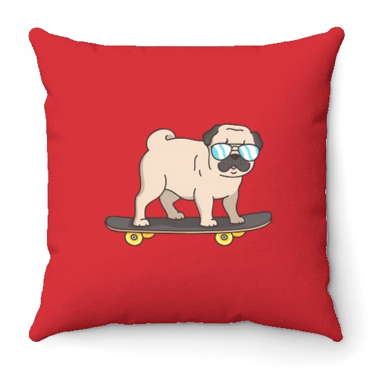 Cartoon Pug With Glasses On A Skateboard Throw Pillows