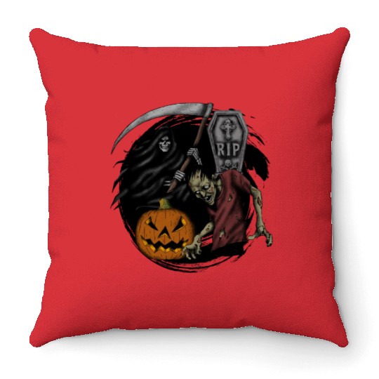 Scary pumpkin zombie Halloween grim reaper Throw Pillows