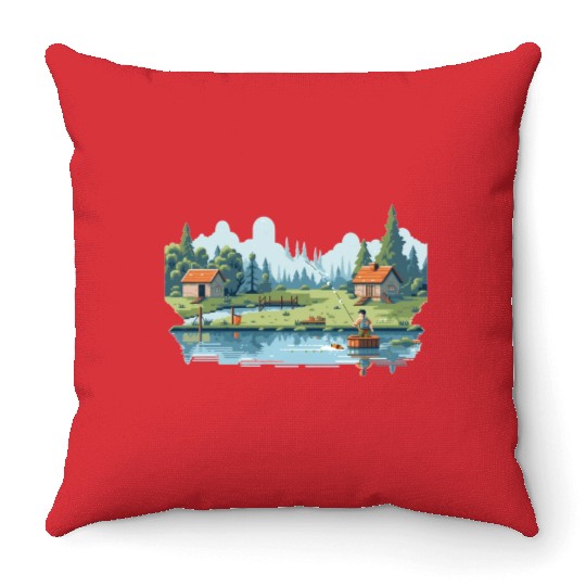 Fisherman Nature 8-bit style Throw Pillows