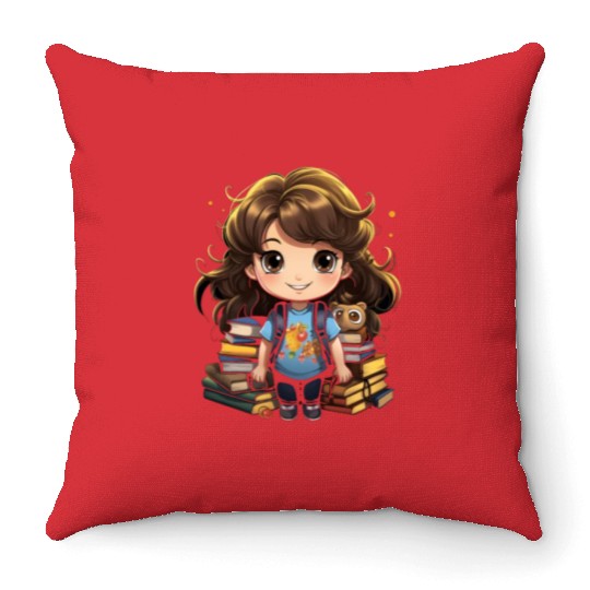 Back to School Pre-K Kindergarten Student Chibi Throw Pillows