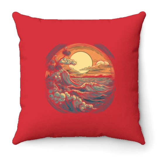 serene ocean sunset with large waves (4) Throw Pillows