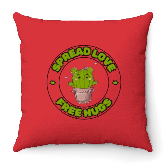 Spread Love Free Hugs Funny Cactus in a Pot Throw Pillows