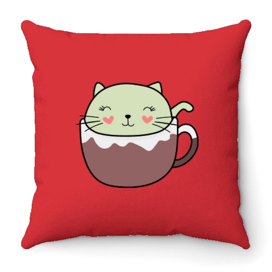 Mint Hot Cocoa Cat in Coffee Mug Throw Pillows