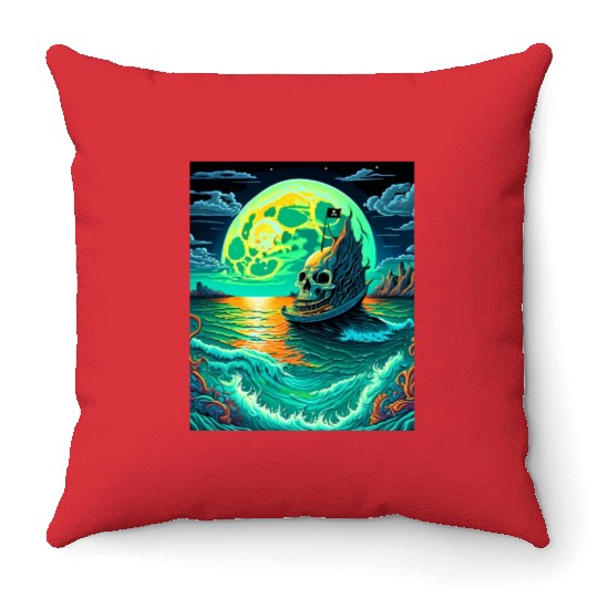 Pirate Ship With A Skull At Full Moon Throw Pillows