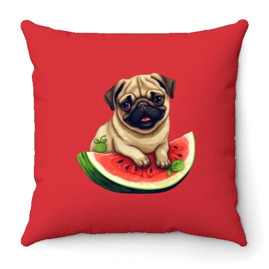 Pug with Melon, Funny Summer Design for Dog Lovers Throw Pillows