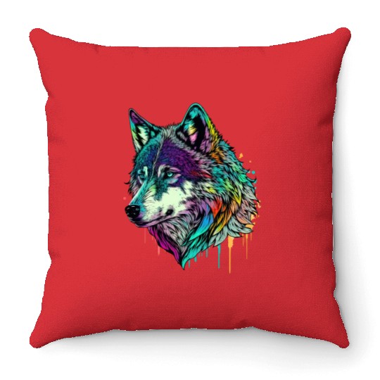 Vibrant Psychedelic Wolf Illustration Throw Pillows