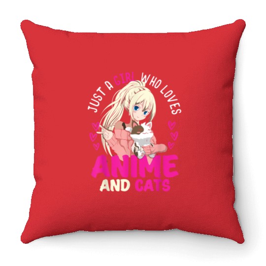 Anime Otaku Cats Japanese Anime Girl Kawaii Cat Throw Pillows