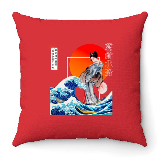 The Great Wave off Kanagawa'n woman wearing kimono Throw Pillows