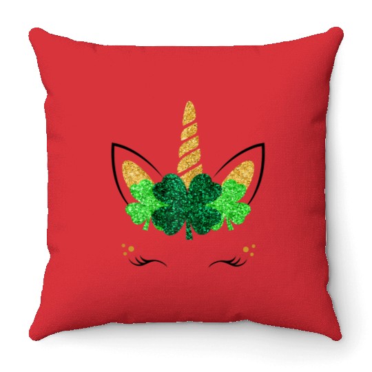 Unicorn Face St Patrick'S Day Unicorn Shamrock Throw Pillows