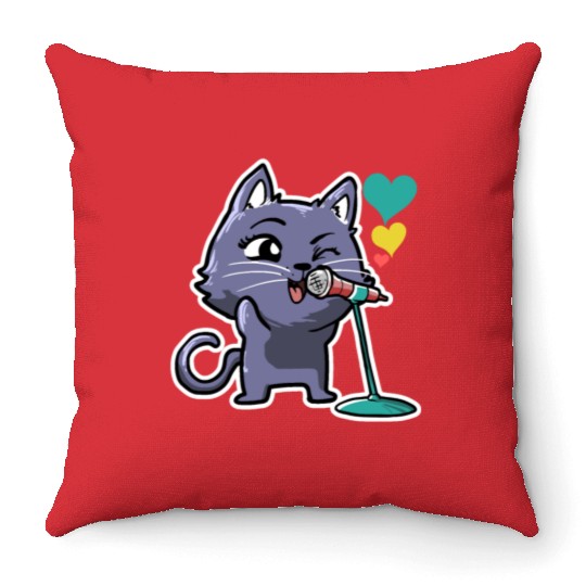 Cute Kawaii Cat Singing Song Singer Cat Lover Throw Pillows