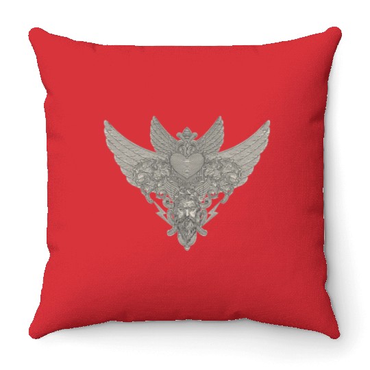 heart with wings, zeus and floral ornament Throw Pillows