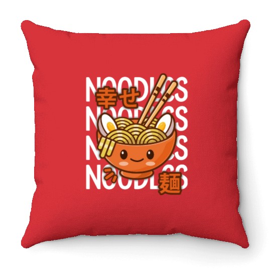 Kawaii Ramen Noodle Bowl Noodles Orange Throw Pillows