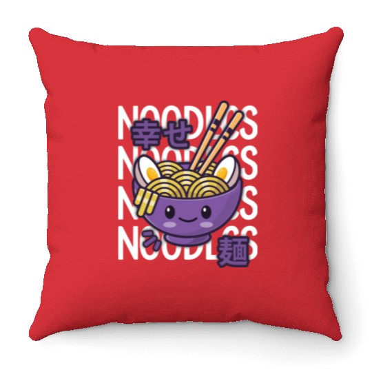Kawaii Ramen Noodle Bowl Noodles Purple Throw Pillows