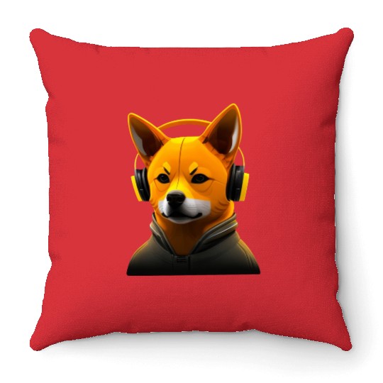 Running Shiba Inu with Headphones, Athletic Dog Throw Pillows