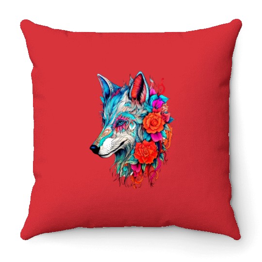 Wolf with Flowers Girls Throw Pillows
